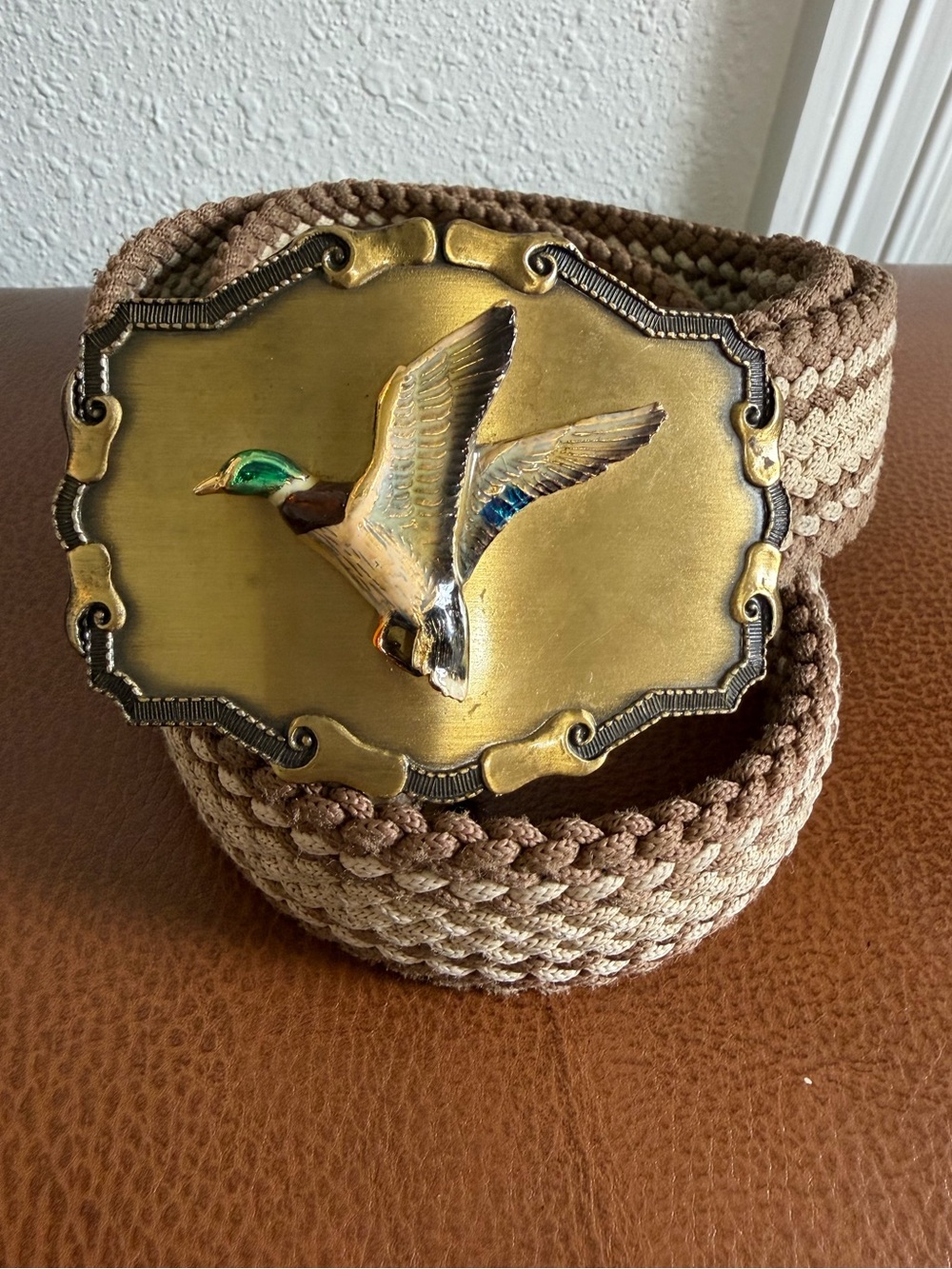 Vintage 1977 Raintree Mallard Duck Belt Buckle Woven Belt Waterfowl Hunting
